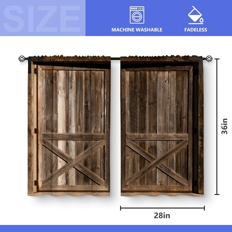 Aimego Farmhouse Wood Kitchen Curtains - Vintage Wooden Barn Door Country Small Short Tier Window Curtains for Bathroom Living Dining Room Decor Rod Pocket Window Drapes 36 Inch Length Set 28"x36" - Image 3